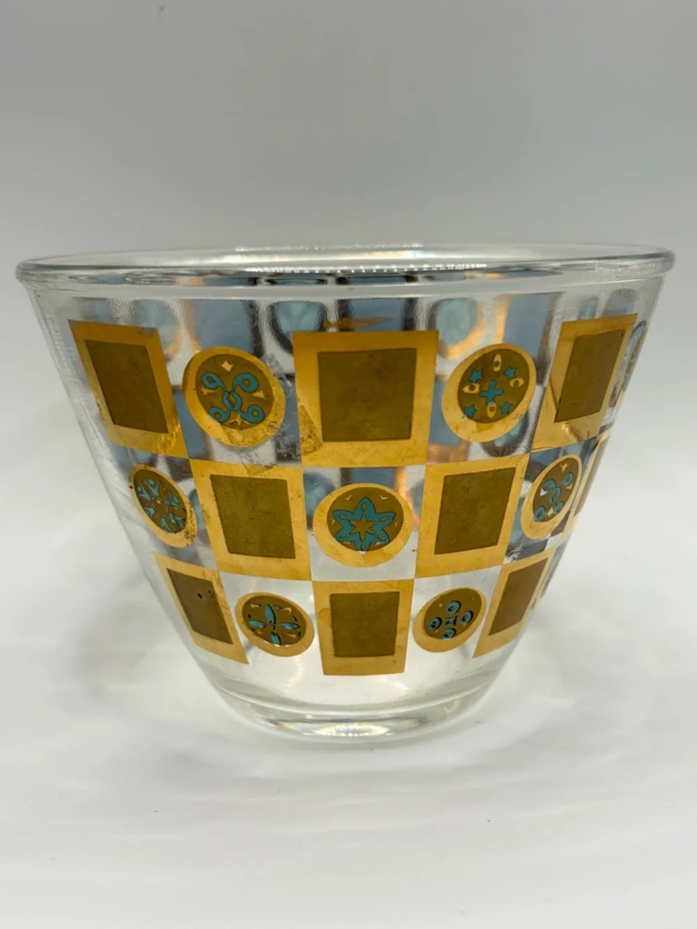 Vintage Mid Century Modern Gold Teal Checkered Glass Ice Bucket Serving Bowl